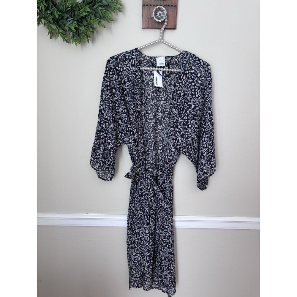 NWT Sonoma Womens One Size Black Floral Robe Semi Sheer Tie Belt Lightweight